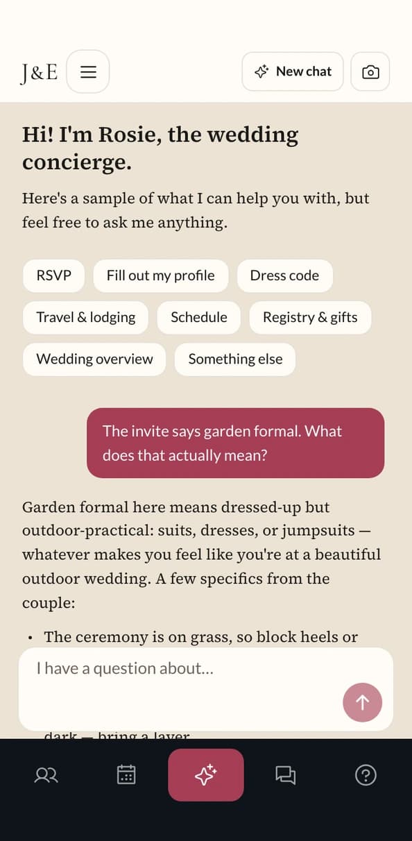 Rosie, the AI concierge, unpacking the “garden formal” dress code into practical advice about shoes, layers, and colors