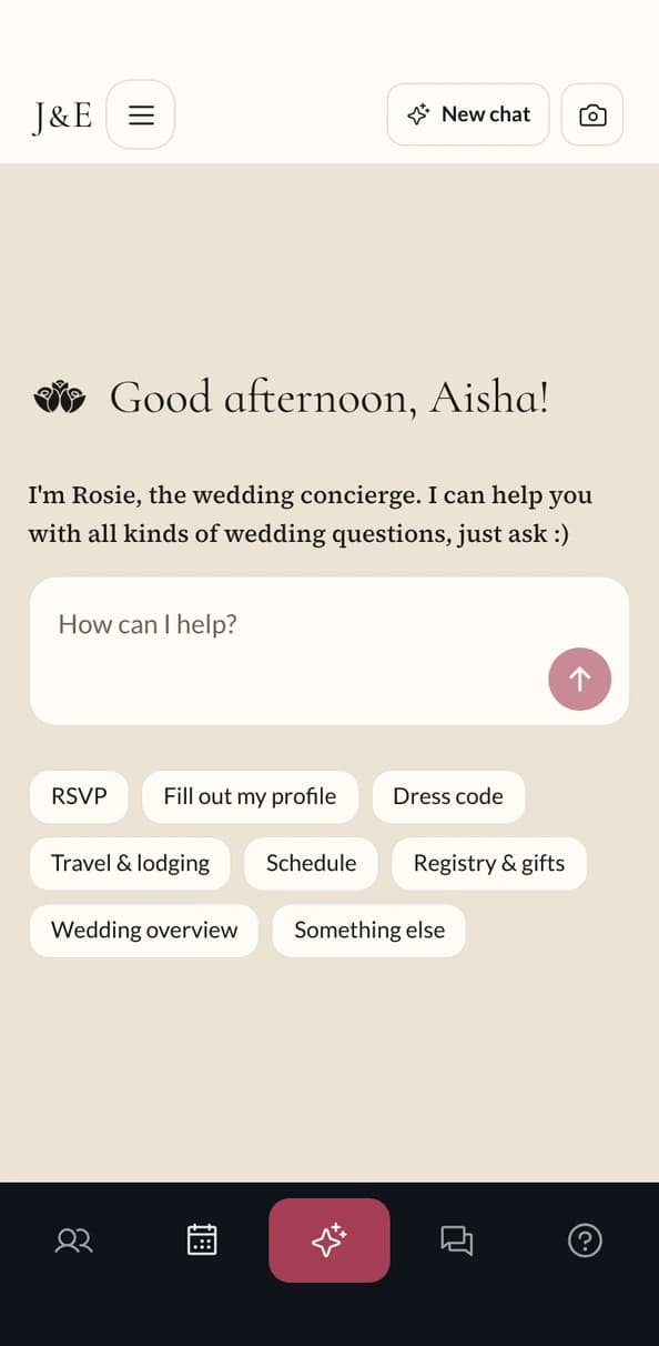 Rosie's welcome screen: her introduction, a row of suggested questions, and an empty message box
