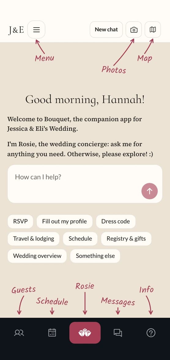 The chat home on a phone the first time a guest opens it: a greeting from Rosie, a composer, suggestion chips, and handwritten labels pointing at each tab